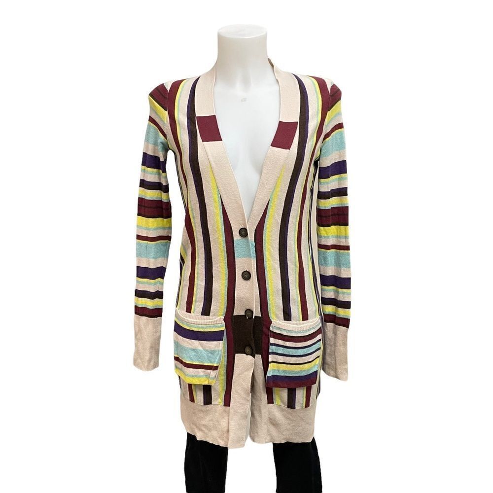 Anthropologie Rosie Neira Button Front V‎ neck Striped Cotton Cardigan sZ XS